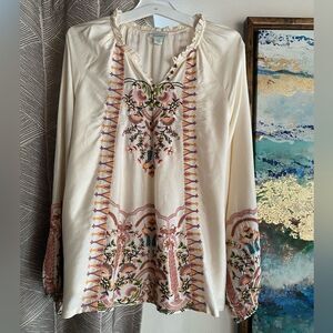 Sundance PXS Super Fine Lightweight Cream Floral Blouse Shirt Embroidered